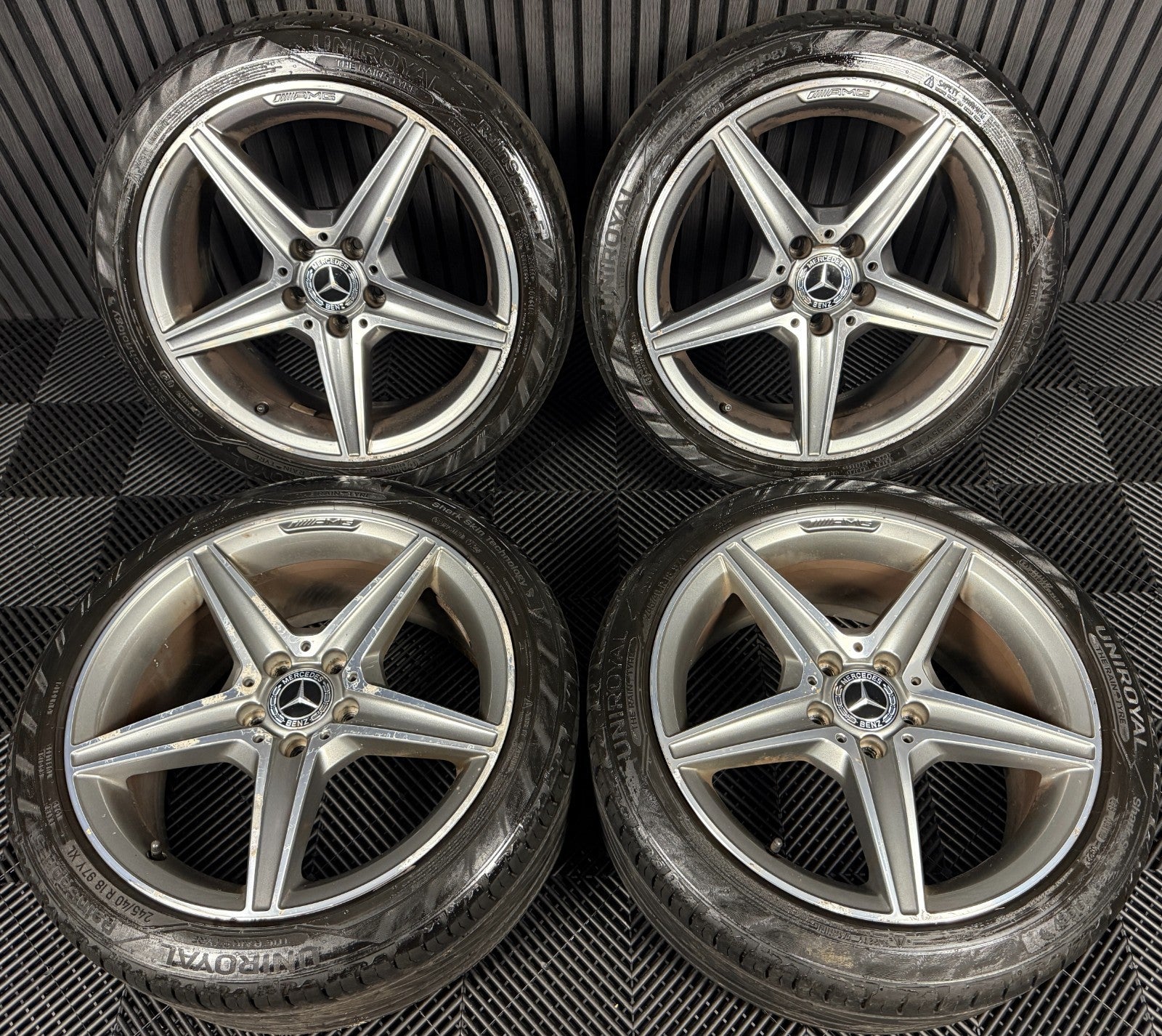 18'' GENUINE MERCEDES AMG C CLASS W205 GREY DC 5 SPOKE ALLOY WHEELS TYRES ALLOYS