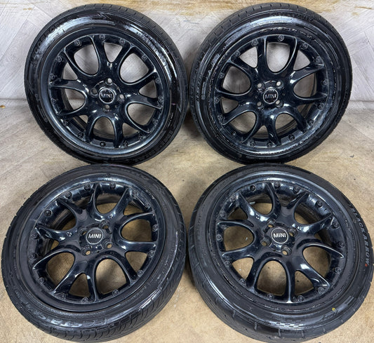 17'' GENUINE MINI ONE D COOPER S WEB SPOKE R52 R53 98 BLACK ALLOY WHEELS TYRES ALLOYS PART: 6775686